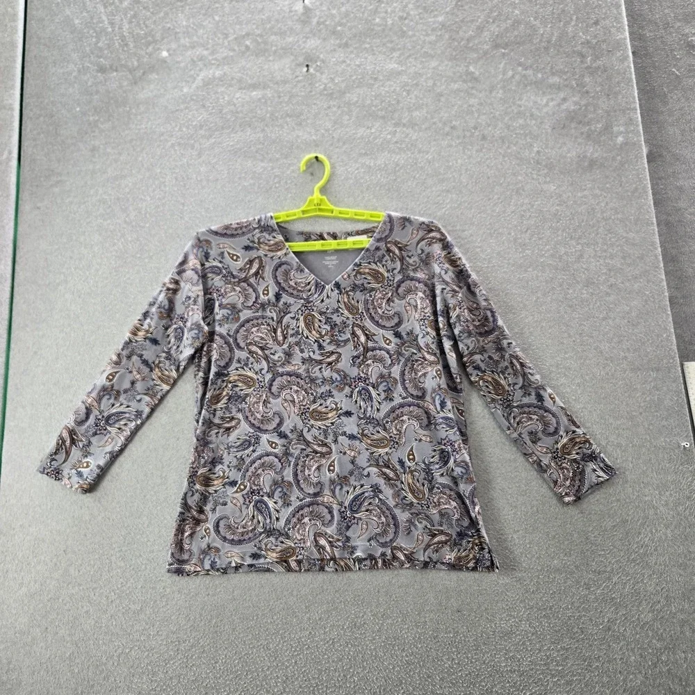 J Jill Women Tunic S PETITE‎ Gray Paisley Simply Supima V-Neck Pullover